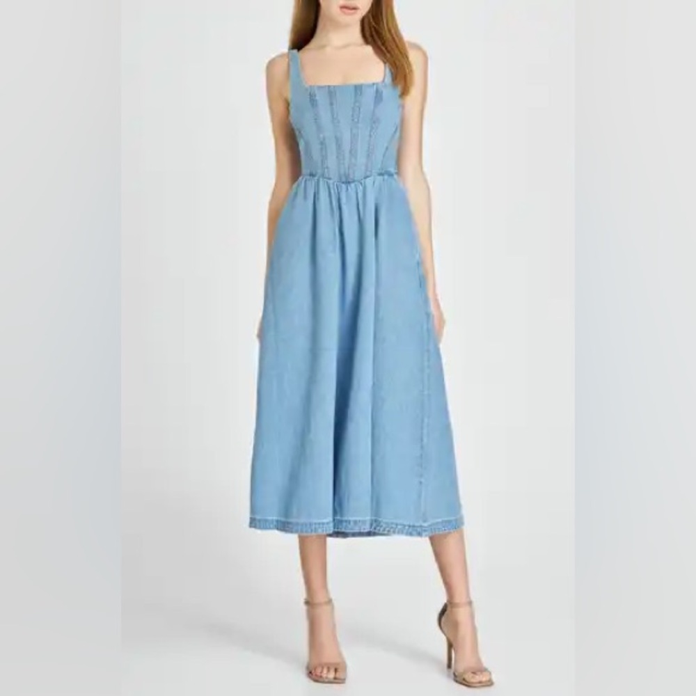 Wayf Light Blue Denim Midi Dress